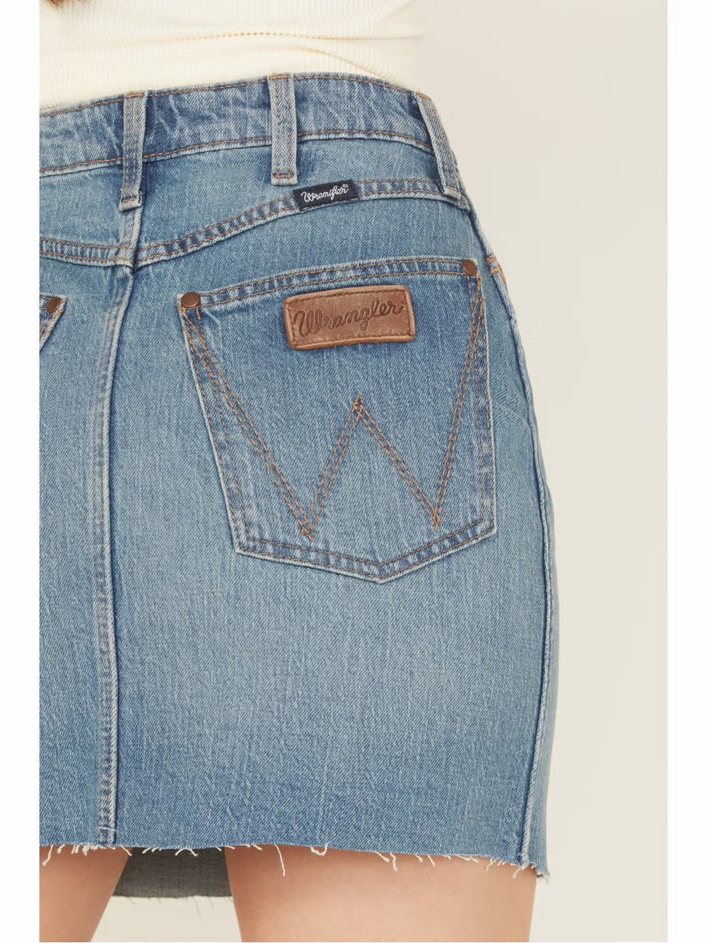 Wrangler Medium Blue Denim Mini Skirt with Leather Patch